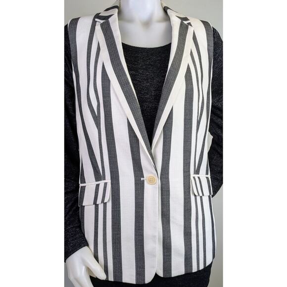 Talbots Gray White Striped Woven Cotton Blend Lined Blazer Vest Size 16 Petite - Picture 2 of 11